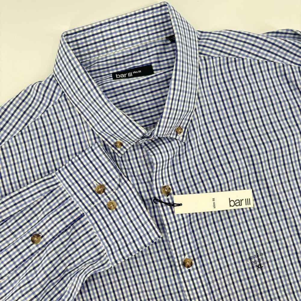 Bar III Mens Slim Fit Gingham Dress Shirt Blue White 100% Cotton 17-17.5 36-37